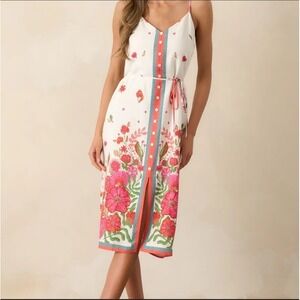 Skies Are Blue poppy combo floral print Anita sleeveless v-neck midi dress Linen